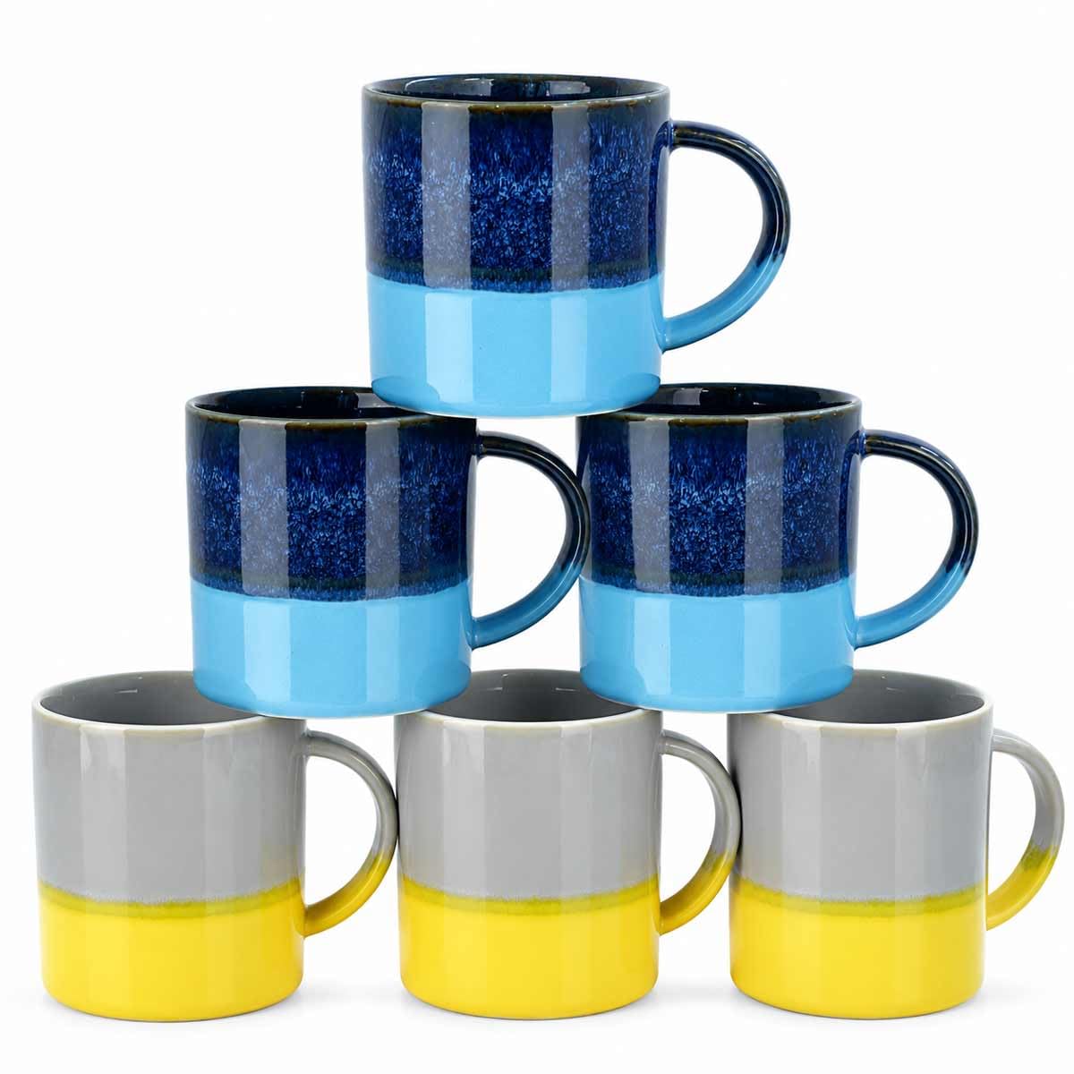 Stoneware Coffee Mugs Set of 6, 16oz Large Ceramic Tea Cups with Big Handle & Broad Base, Artisanal Kiln-Transformed Glaze Reactive Mugs for Latte, Cocoa, Assorted Vibrant Colors (Blue & Yellow)