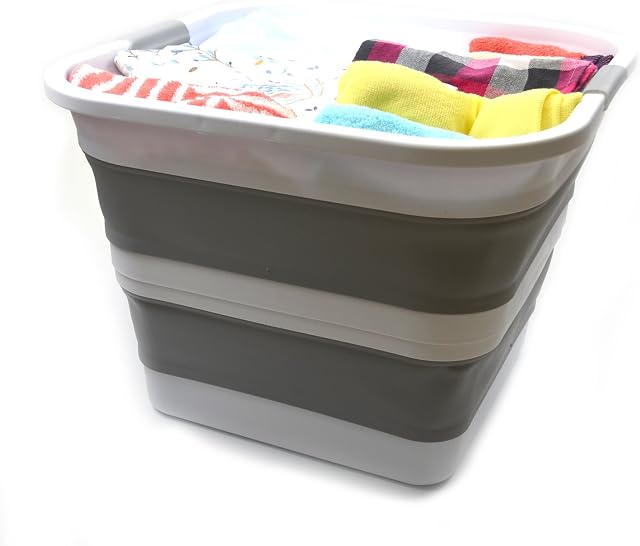 SAMMART 35L Collapsible Plastic Laundry Basket - Square Tub / Basket - Foldable Storage Container / Organizer - Portable Washing Tub - Space Saving Laundry Hamper (1, Grey)