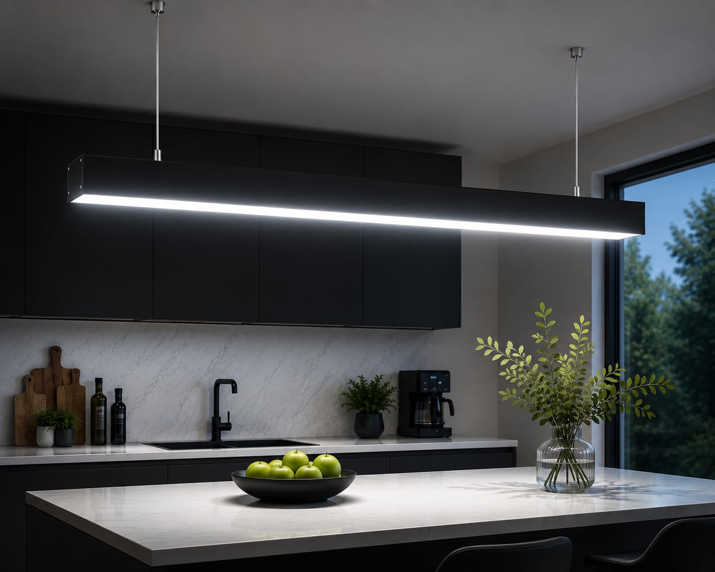 4 feet led linear pendant light, 38w, cool white 6500k, modern black suspended ceiling light with adjustable hanging wire for dining table, office, studio & living room