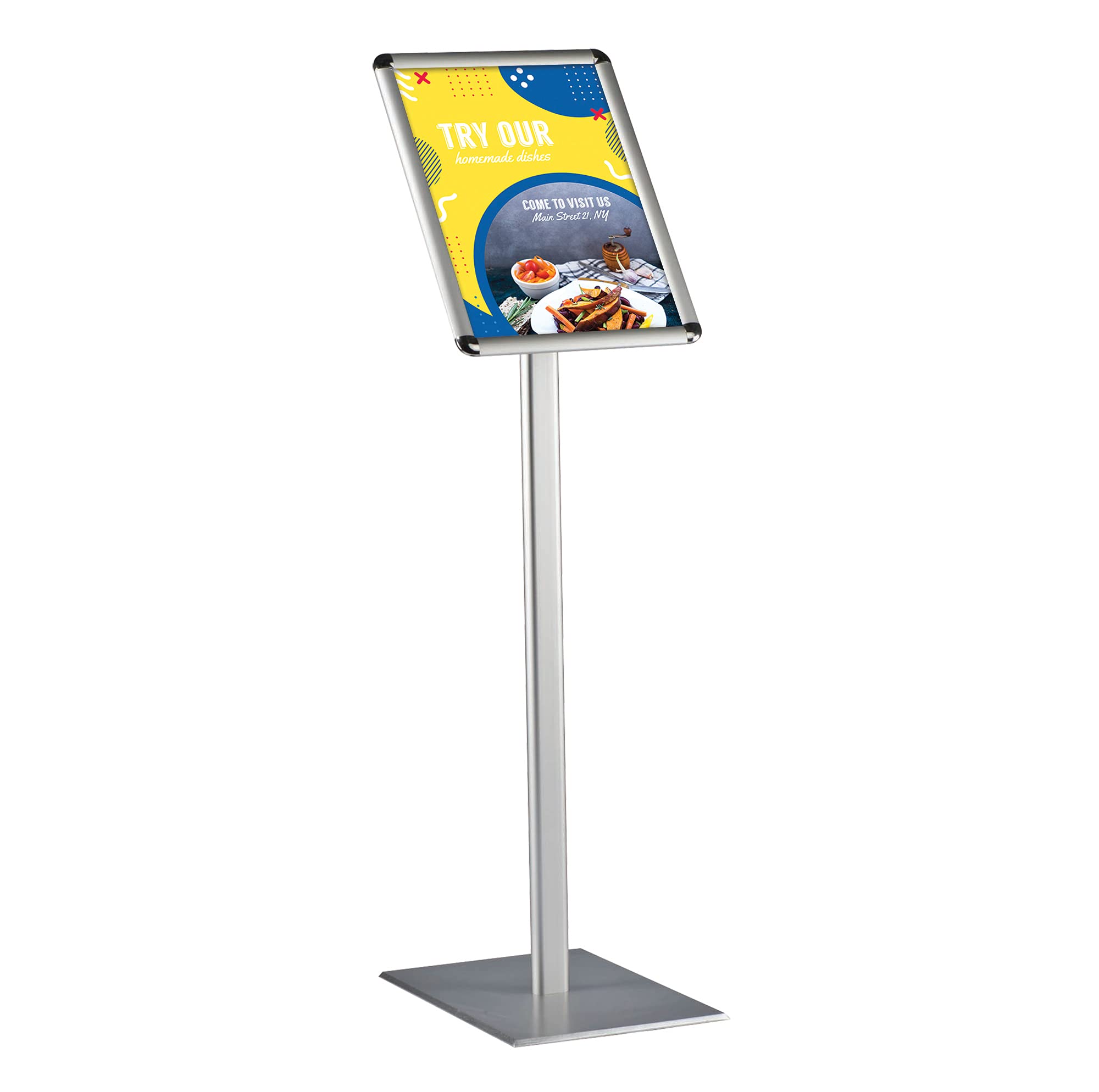 Soporte informativo clásico DIN A4 Rondo para carteles 210 x 297 mm | Soporte de información de diseño plateado (1 m de altura) | Placa base de aluminio pesado inoxidable