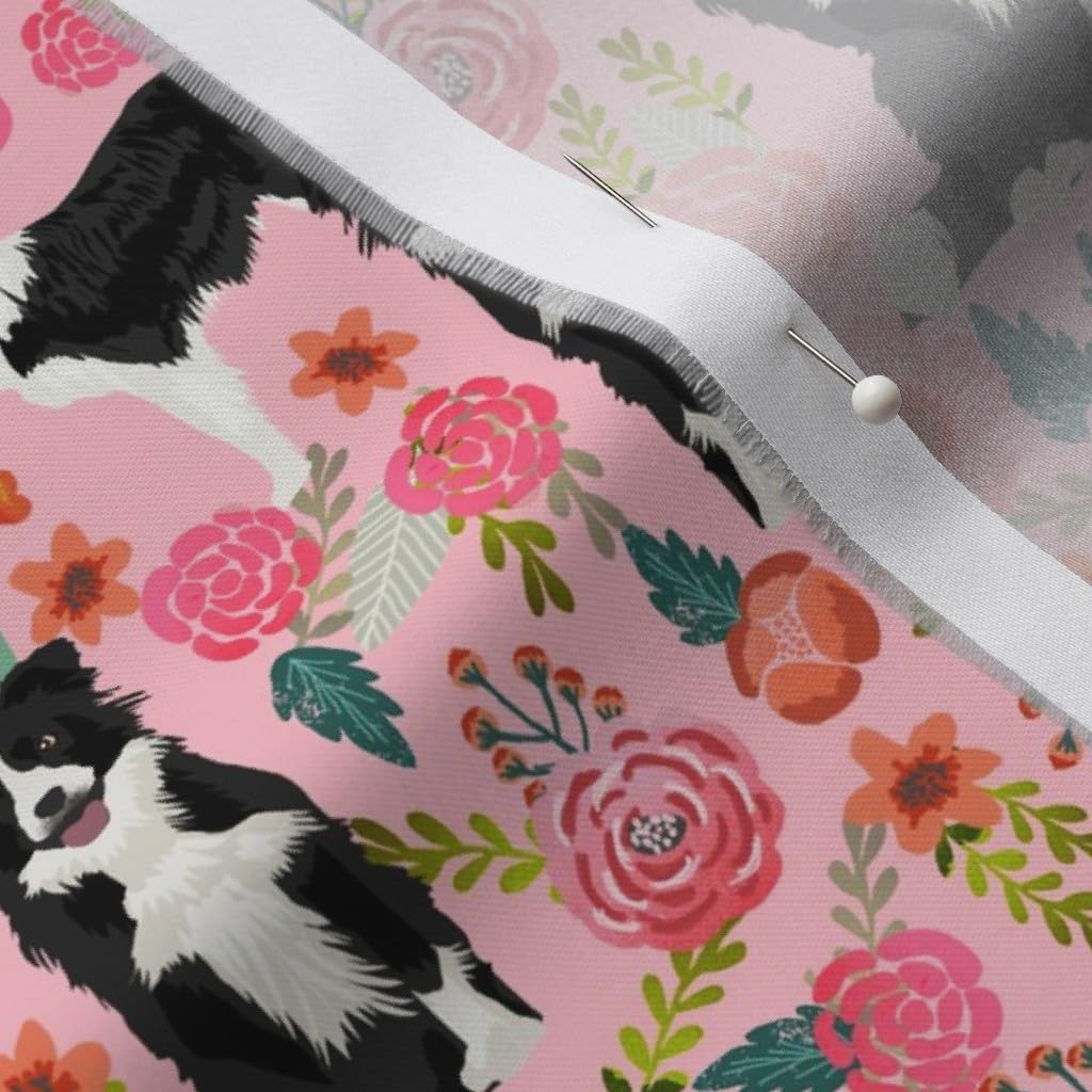 Spoonflower Fabric - Border Collie, Pink, Floral, Dog, Pet, Flowers, Herding, Puppy, Roses, Printed on Organic Cotton Sateen Fabric by The Yard - Sewing Quilting Apparel Home Decor