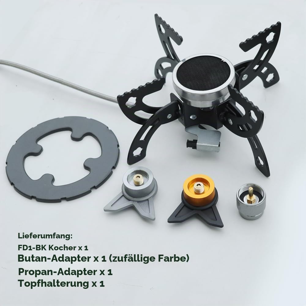 REDSUN FD1 Tragbarer Infrarot Campingkocher, Winddichter Outdoor Gaskocher & Backpacking-Herd, Ideal für Survival & Wandern, FD1 Gaskocher + EVA-Tasche + Adapter-Set + Topfträger