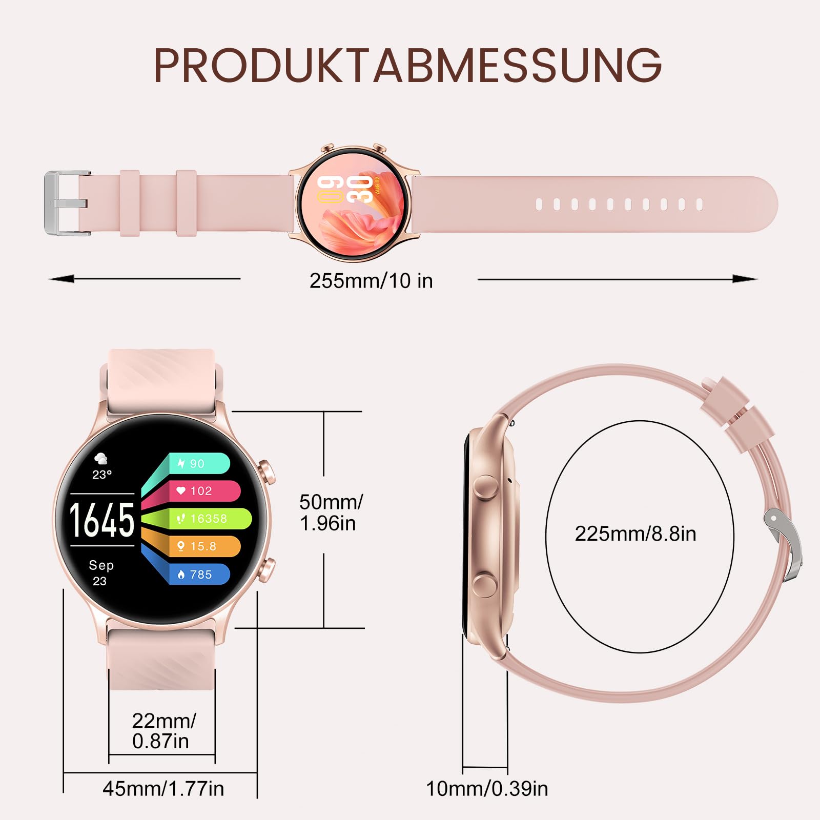 WalkerFit Smartwatch Mujer 1,39" HD para Hacer Llamadas, Reloj Fitness | Reloj inteligente IP67 con Bluetooth, iOS/Android, 100+ deportes, Monitor de frecuencia cardíaca, SpO2, sueño y ciclo Rosa