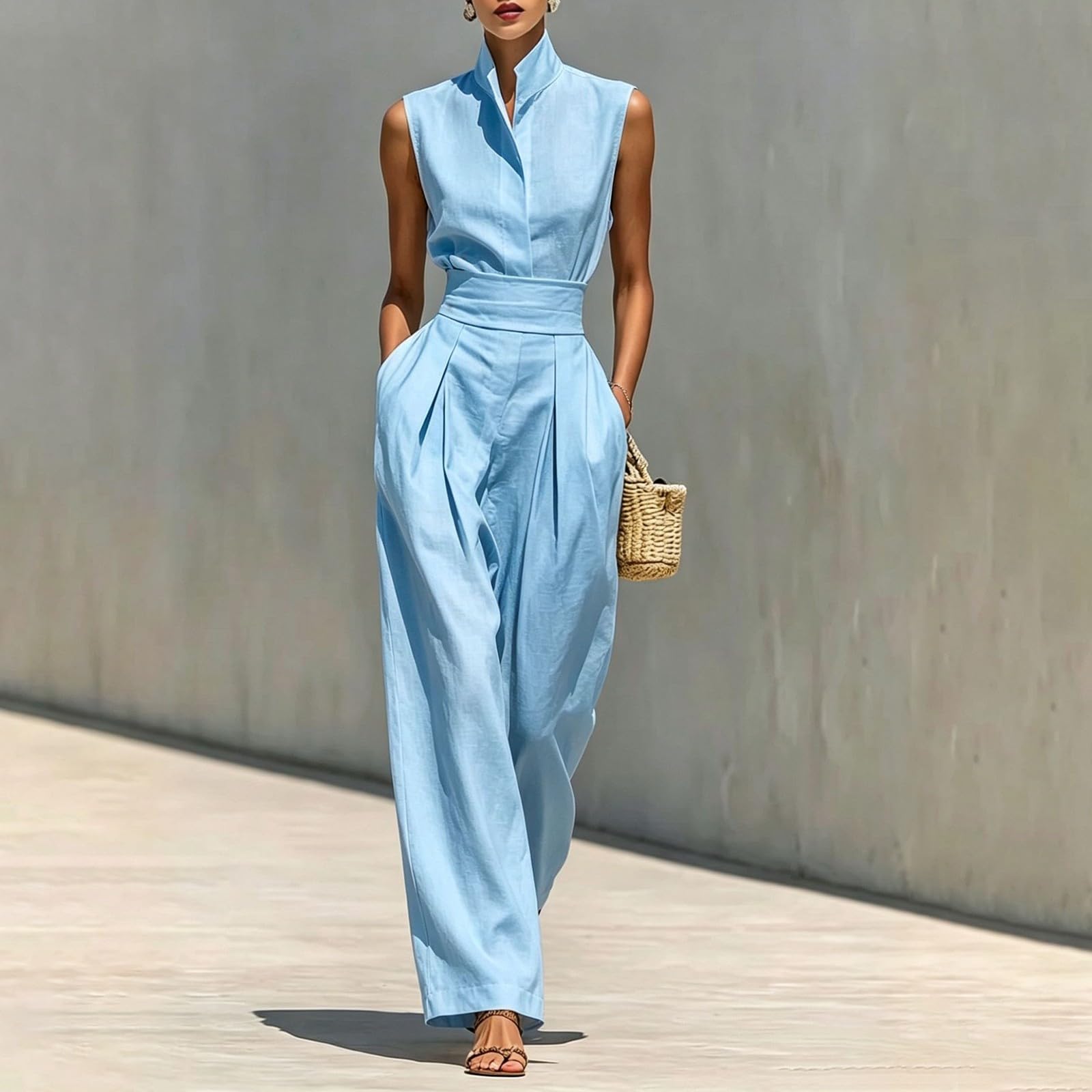 Generisch Tuta da donna elegante, estiva, senza maniche, per il lavoro | Tuta con pantaloni con tasche, tinta unita, colletto alto, tuta intera, a vita alta, a gamba larga, per matrimoni e feste