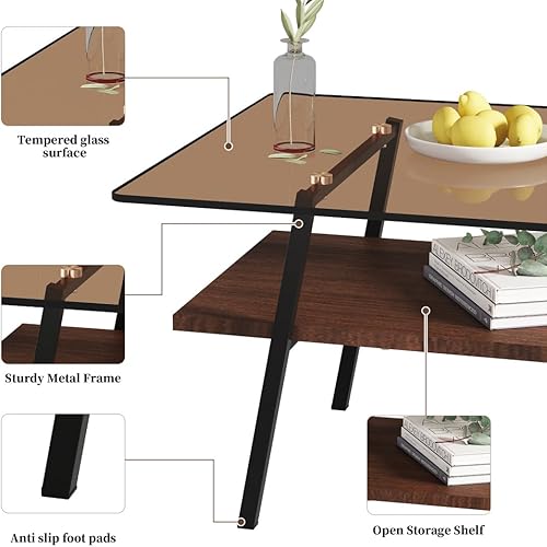 Miniatura 3 de Mesa de centro de vidrio de doble capa de vidrio templado con patas de metal y estante inferior de MDF, mesa de centro rectangular de vidrio para
