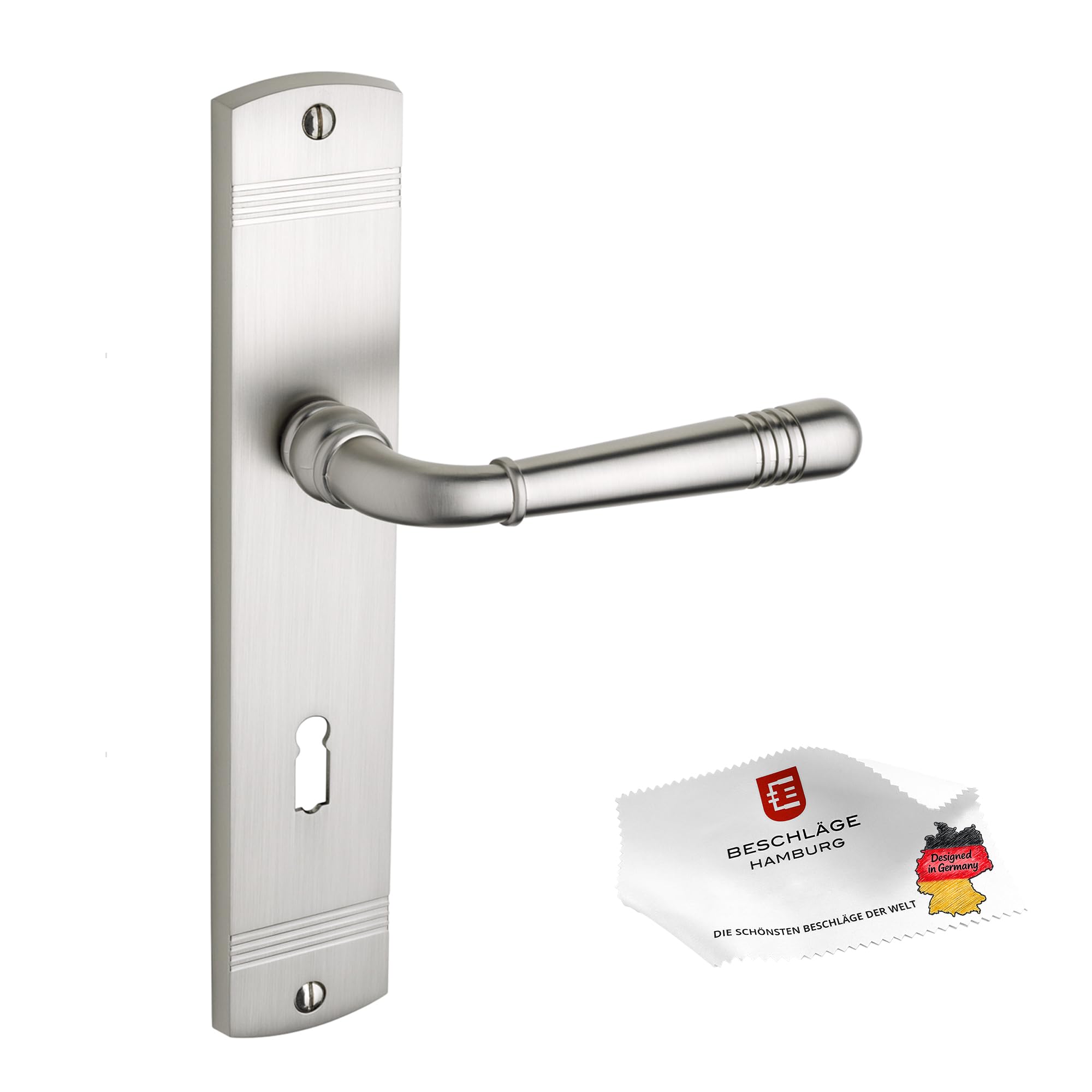 Beschläge Hamburg | Türgriff Türbeschlag | EMILY ART 70-09 MMN BB | Türklinke mit Buntbart Langschild 45 x 235 mm für Zimmertüren | Drückergarnitur/Türdrücker für Innentüren | in matt vernickelt