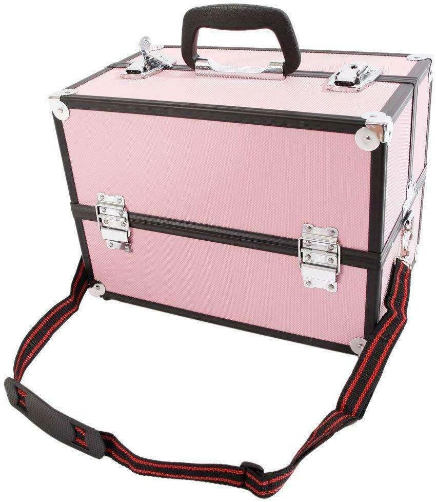 LKOP Aluminum Makeup Train Case 14"x9"x10" Jewelry Box Cosmetic Organizer Pink Cosmetic-display-cases Makeup organizer Bathroom organizer Makeup bag Storage cabinet Bathroom storage Makeup vanit