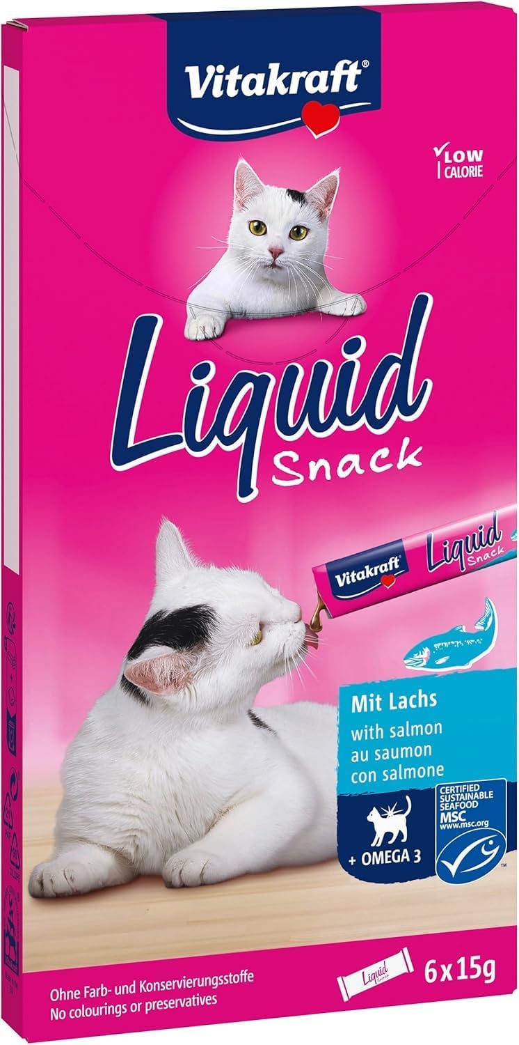 Vitakraft Liquid Snack Chat au Saumon avec Oméga-3, Friandise Crémeuse en Sachets Individuels, Hydratation & Peau Saine, 1 Paquet 6x15g