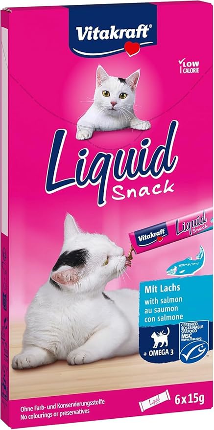 Vitakraft Liquid Snack, friandises pour chats, snack crémeux, avec saumon et oméga-3, en sachets individuels, pour une peau saine (1 paquet 6x 15g)