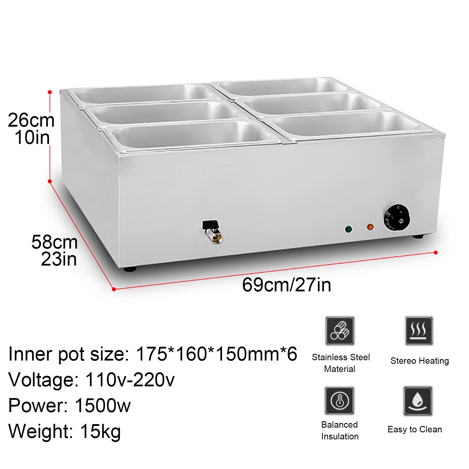Scaldavivande Elettrico, scaldavivande Elettrico da 1500 W, Tavolo da Buffet in Acciaio Inox con Controllo Temperatura e Coperchio Feste, Catering, ristoranti