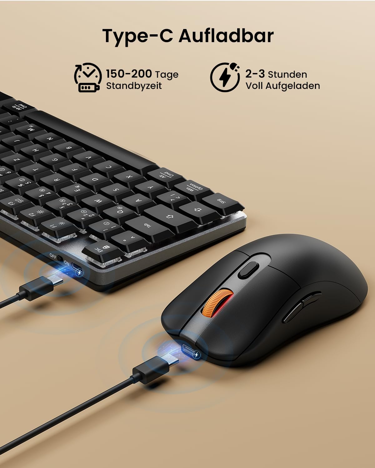 ProtoArc Mechanische Tastatur Maus Set Kabellos, KM310 Full-Size Wiederaufladbare Funktastatur Maus, 2,4 G+Dual Bluetooth, Rotem Schalter, Multi-Gerät, QWERTZ Layout, für Windows/Mac - Space Grau
