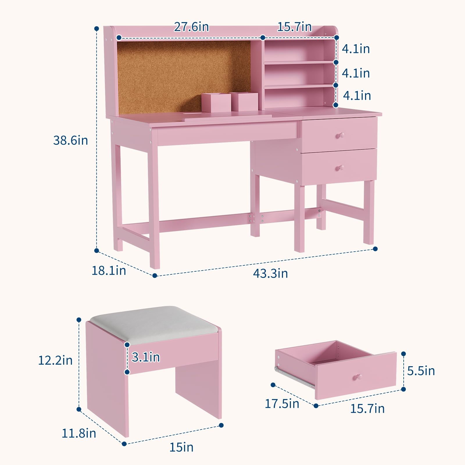Garvee Kinderschreibtisch mit Hocker Set, Neigungsverstellbare Tischplatte 0-40°, Schreibtisch Kinder mit Pinnwand & 2 Schubladen, Rosa Lerntisch Mädchen für Schreiben Malen Lesen, MDF