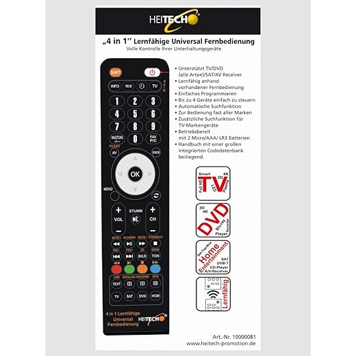 Heitech Universal Remote Control for 4 Devices - 4-in-1 Learning Universal Remote Control for Smart TV, DVD, SAT, AV Receiver and Much More - Multifunctional Remote Control with Learning Function and for All Brands