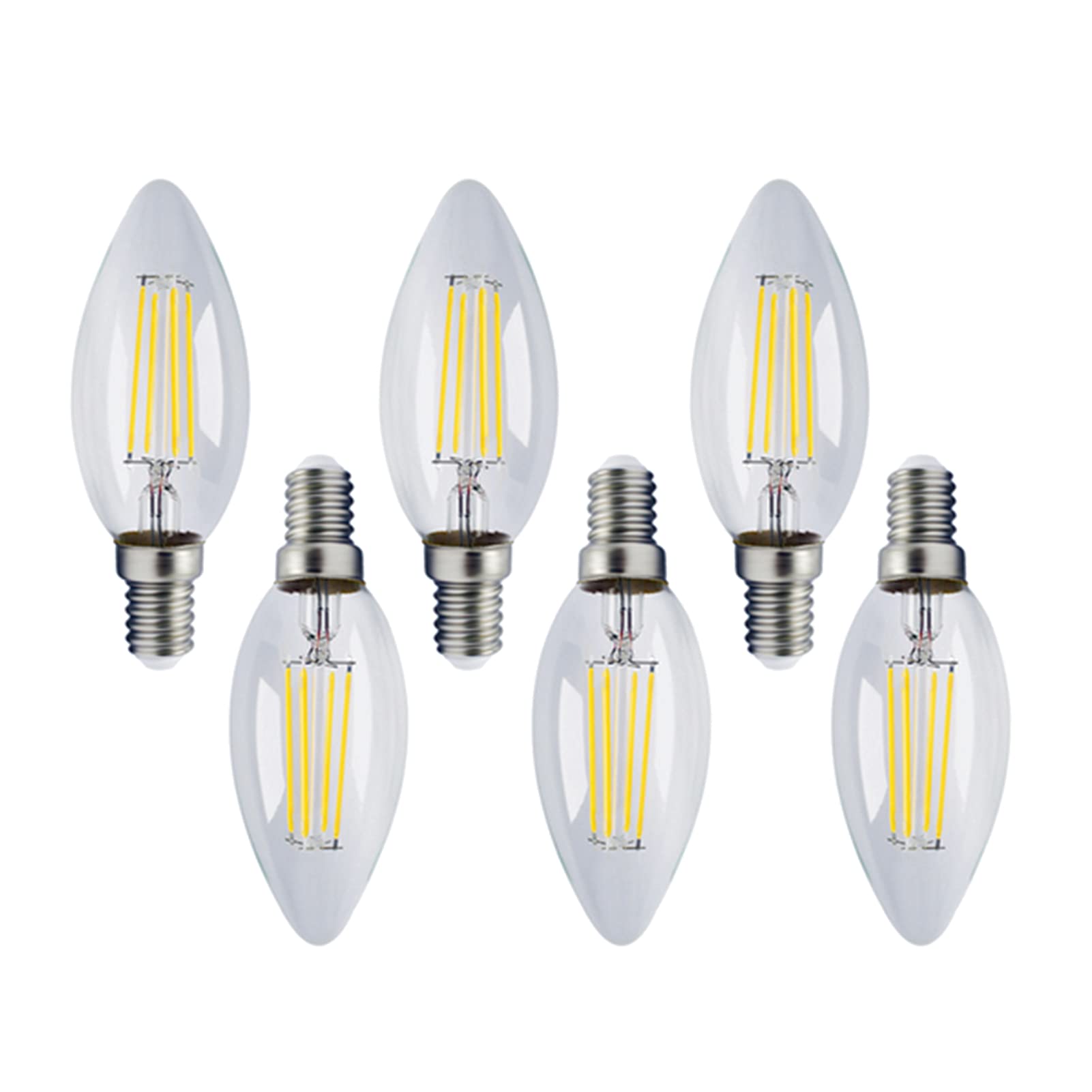 Bombilla LED candelabro E12, lámpara vela decorativa blanca cálida/blanca fría, bombilla vidrio transparente con filamento torpedo 4W, equivalente a 40W, regulable, paquete 6