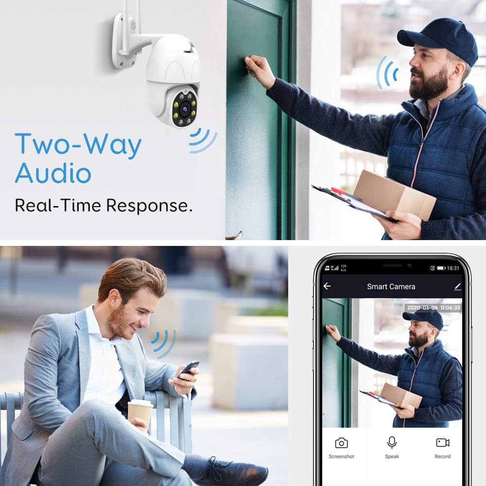 Security Camera Outdoor, 1080P WiFi Home Surveillance Camera with Phone App, PTZ IP Camera, Night Vision, IP65 Waterproof, 2Way Audio, Compatible with Alexa