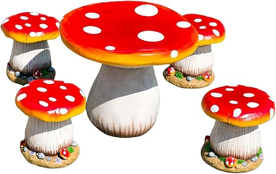 Indoor/Outdoor Mushroom Garden Table Stool, Handmade Landscape Sculpture Decor,Resin Creative Garden Decoration Statues, Cute Mushroom Stool for Park,Lawn,PatioTable & 4 Stools, Red
