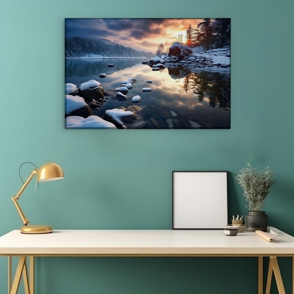 Canvas for Living Room. Winter Serenity in a Snapshot � A Cozy Lakeside Retreat Amidst Snowy Whispers, 27 x 18 inch Canvas Wall Art - Contemporary Masterpieces - Modern Home Decor