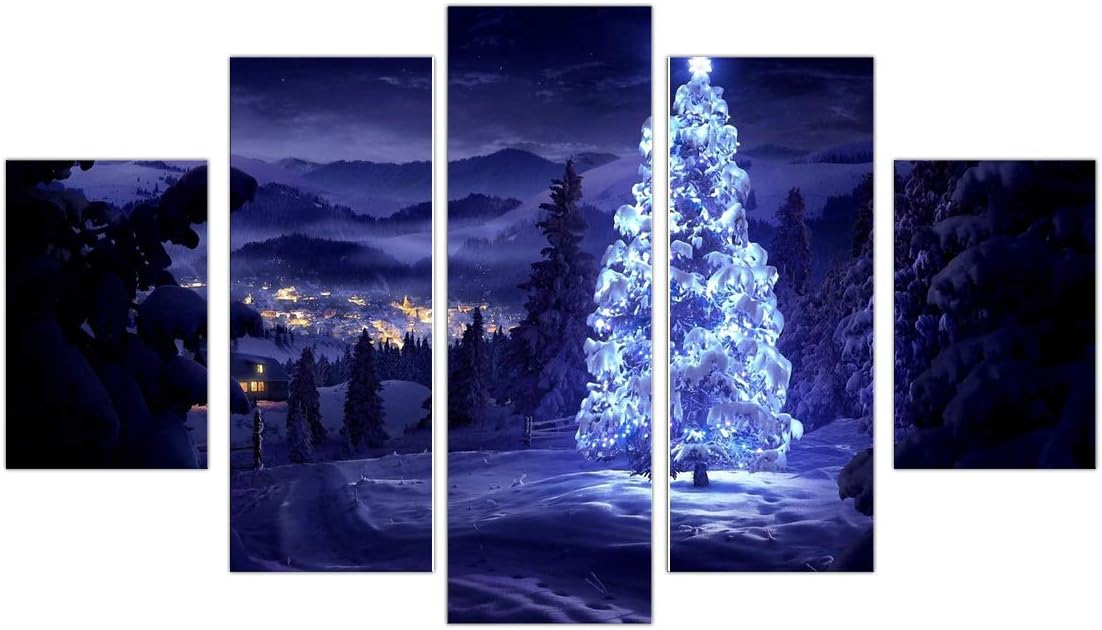 5 Panel Snow Night Landscape Wall Art Canvas Prints White Oil Paintings Christmas Eve Wall Pictures for Living Room Modern Home Decoration No Frame