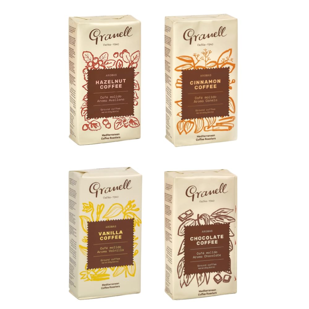 Granell Cafes-1940 Granell - Pack Dégustation Arômes | Café Moulu 100% Arabica avec une Legère Touche de Vanille, Cannelle, Chocolat ou Noisette | 4 Paquets X 250 Gr