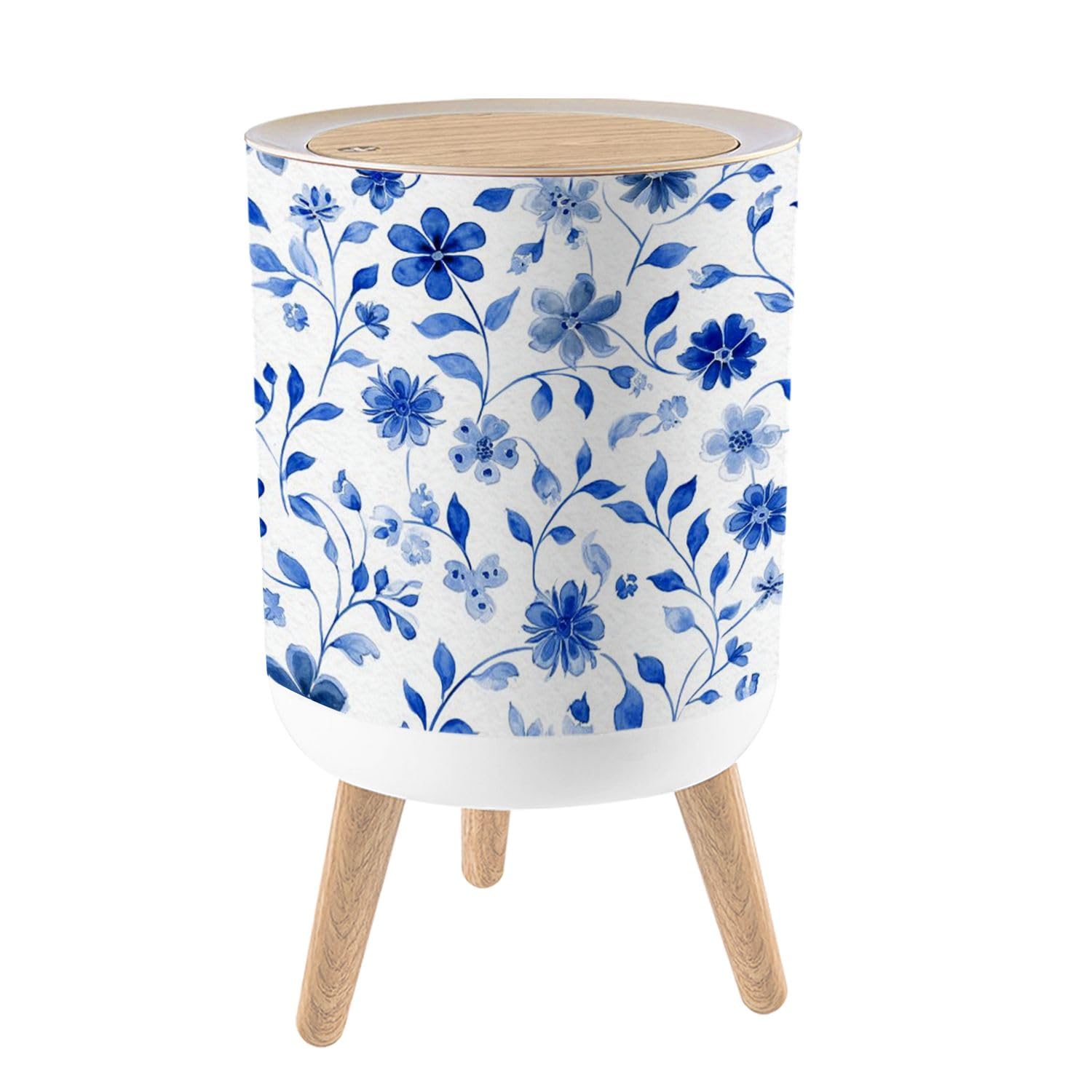 Trash Can with Lid Watercolor Seamless Vintage Blue Patterns Flowers Leaves Small Garbage Can with Legs Waste Bin Press-Top Lid Wastebasket for Kitchen Bathroom Living Room 7L/1.8 Gallon