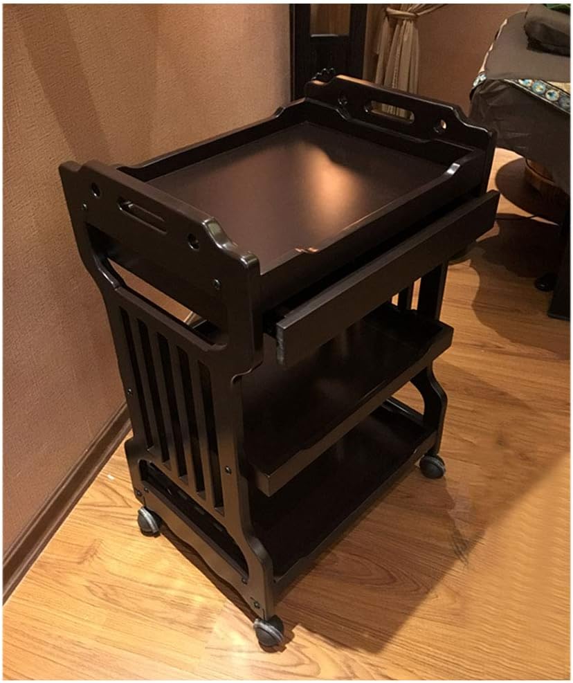 Laboratory Cart Wooden Beauty Trolley 3-Layer Storage Large-Capacity Trolley Multi-Functional Movable Rack with Drawer/armrest Hairdressing Tool Trolley (Brown)