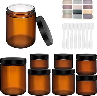 8oz, 4oz, 2oz and 1oz Amber Glass Jars with Lids, 8-Pcs Amber Jars with Inner Liners, Round Dark Jars for Making Candle, Cosmetice Container, Lotion Jar, with Sticker and 8p Spatulas
