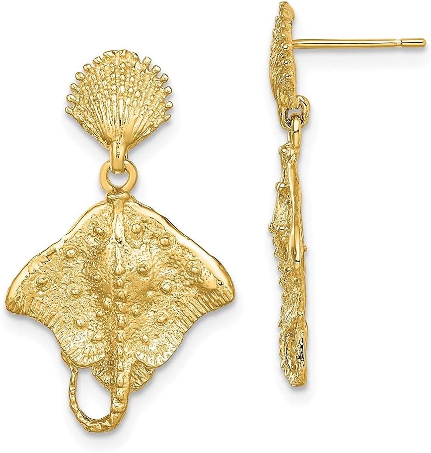 Diamond2Deal 14k Yellow Gold SHELL STINGRAY DANGLE Earrings (L- 1 in, W- 0.61 in)