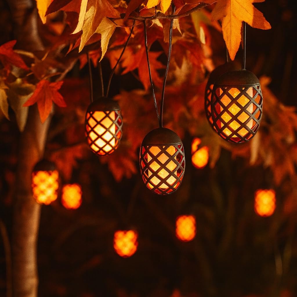 Garden Mile Flame Solar Led Hanging Lights Lighting For Garden Effect Outdoor Lighting 4.7M Light Up Decoration Lights Set Of 10 Hanging Lanterns For Garden (Flame)