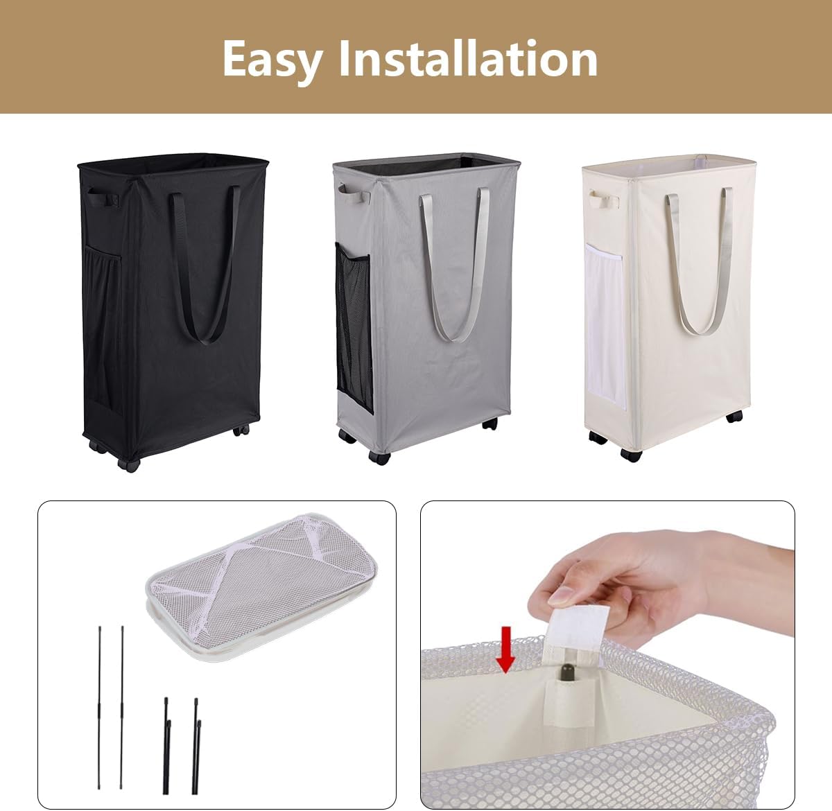 75L Foldable Laundry Basket with Wheels -Slim Laundry Clothes Sorters Space-Saving Hamper for Dorm, Corner - Black