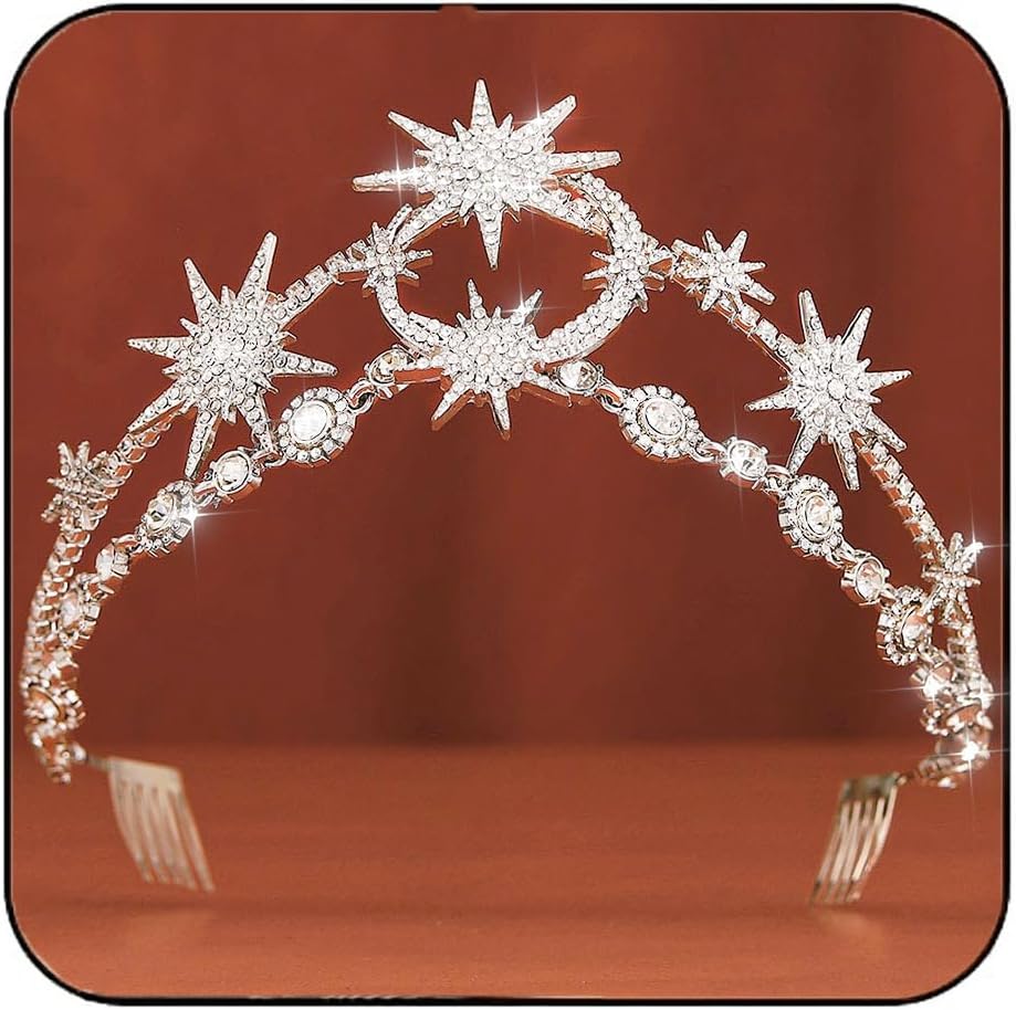 GORTIN Star Moon Crown Silver Bride Wedding Headband Rhinestone Tiara Goddess Headpiece Bridal Hair Accessories for Women