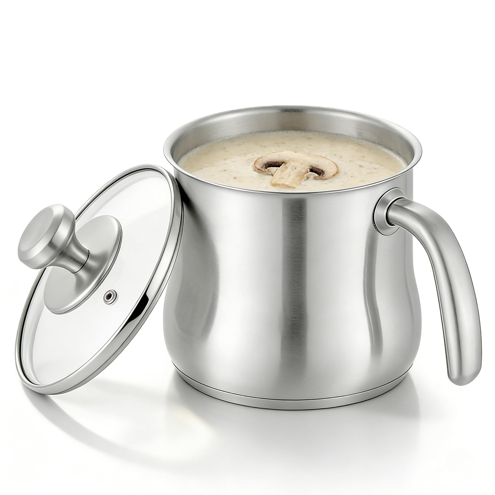 Pentola per latte da 2 litri, ø16, in acciaio inox, con manico antiscivolo, 14 cm, in acciaio inox, a doppia parete, con beccuccio e coperchio, beccuccio universale per cottura a induzione