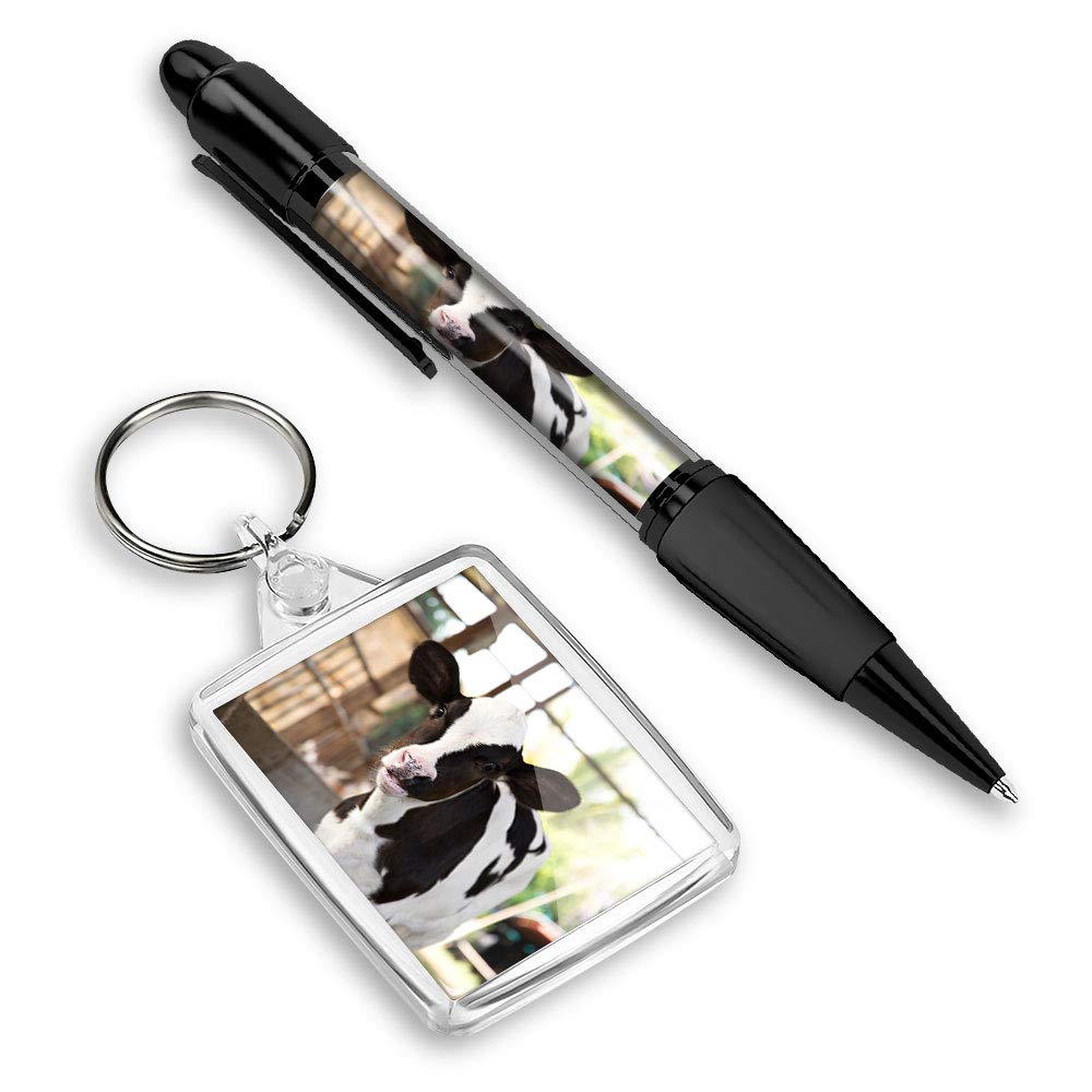 Destination Vinyl ltd 1 x Black Ink Ballpoint Pen & 1 Rectangle Keyring - Baby Calf Cow Farm Animal Matching Set of Keychains for Your Keys and Black Pen #12925