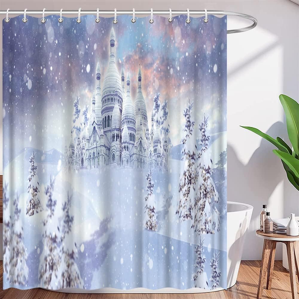 AMHNF Ice Castle As Frozen Shower Curtain Snowfield Snowflake White Blue Fantasy Winter Bathroom Decor Sets Simple Personality Fabric Curtains 70x70inches with Hooks