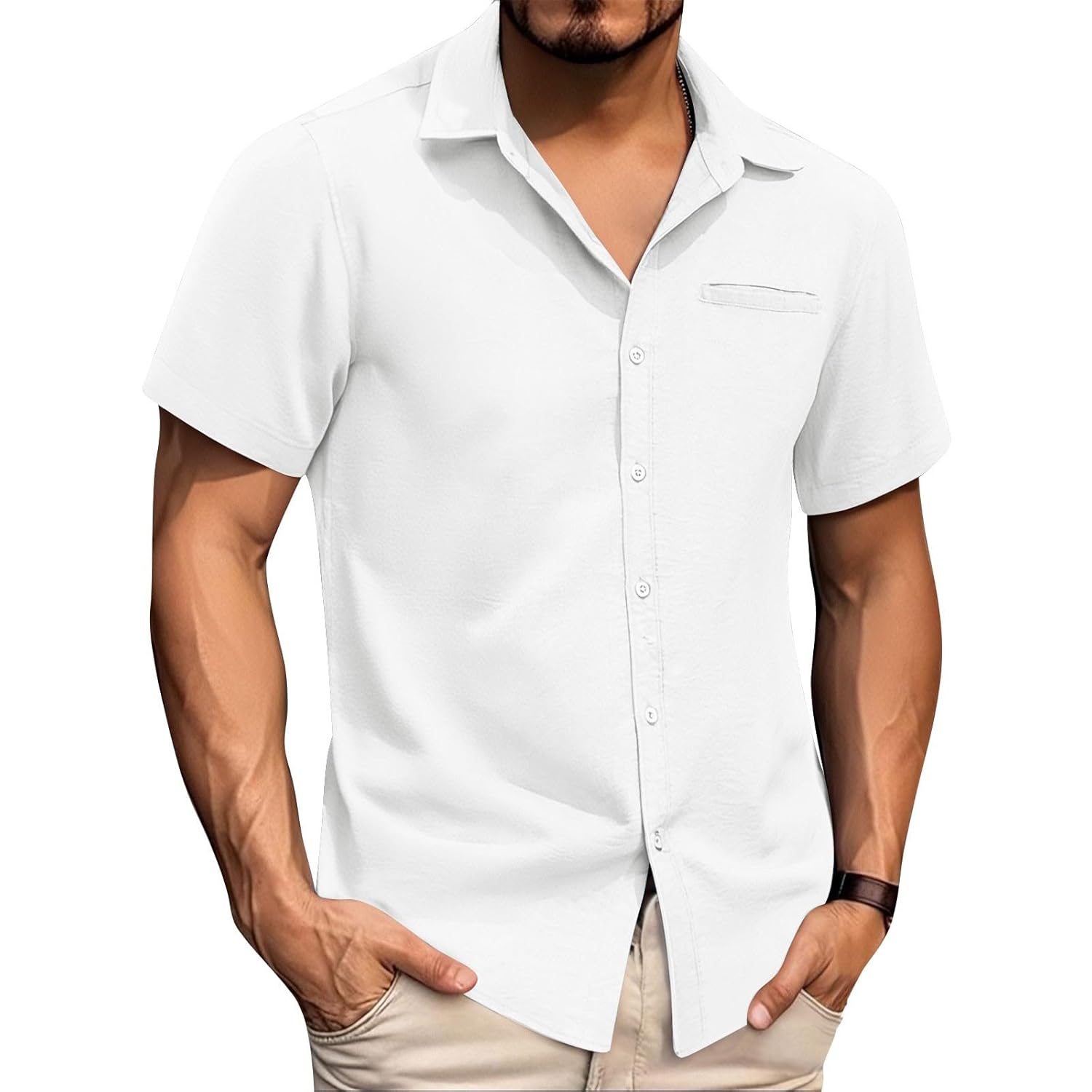 Button Down Shirt Men Linen Collared Short Sleeve Shirts Relaxed Fit Lightweight Comfy Dress Shirts with Pockets