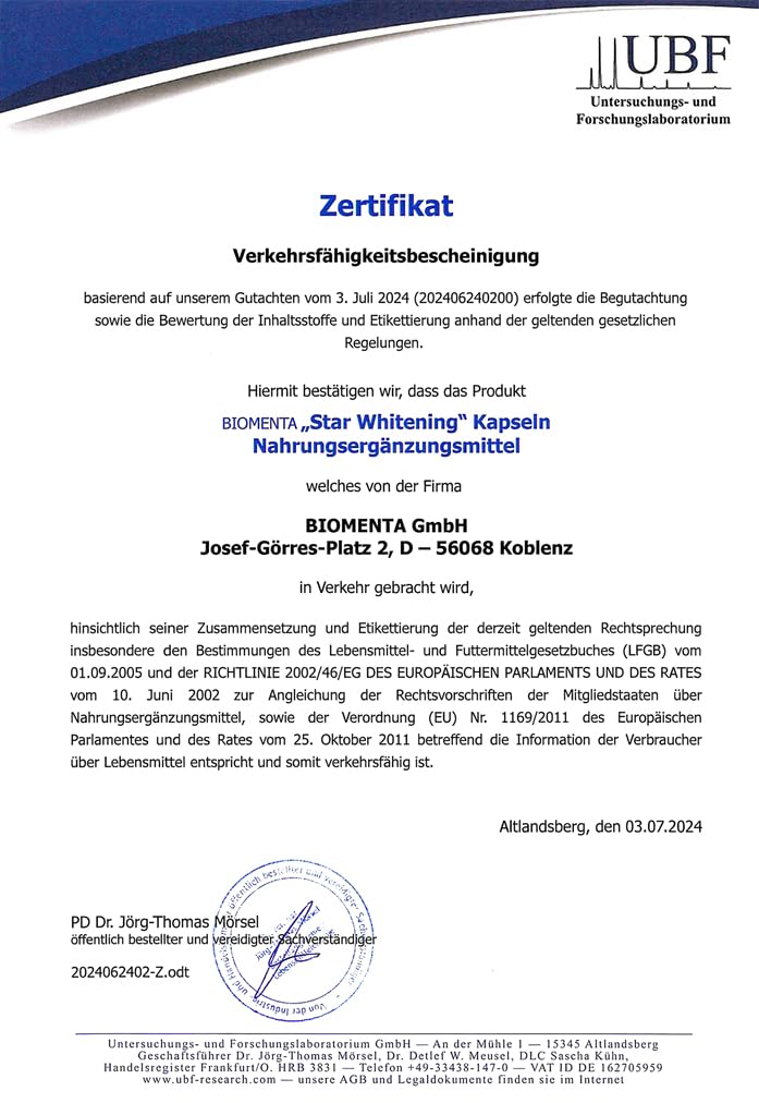 BIOMENTA Star Whitening - Hochdosierter Wirkstoffkomplex - 120 Haut Kapseln mit L-Gluthation, Aminosäuren, Pflanzenextrakten - Premiumqualität
