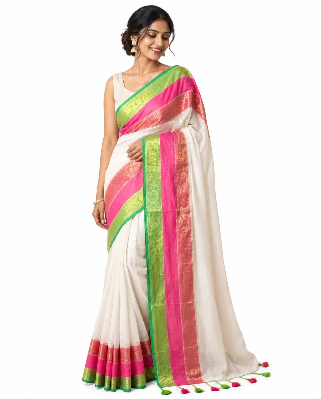 Women's Soft Mul Cotton Kerala Kasavu Saree with Pink & Green Zari Border-picture-19