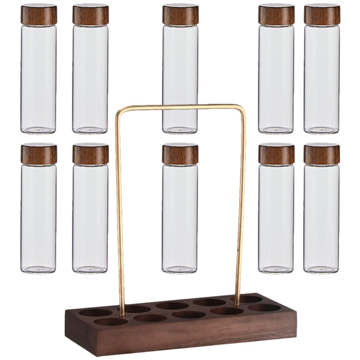 CLISPEED Kaffeebohnen Glasröhrchen Satz mit Transparentem Glas Luftdichtem Verschluss und Praktischem Holzständer für Kaffeespezialisten und Baristas