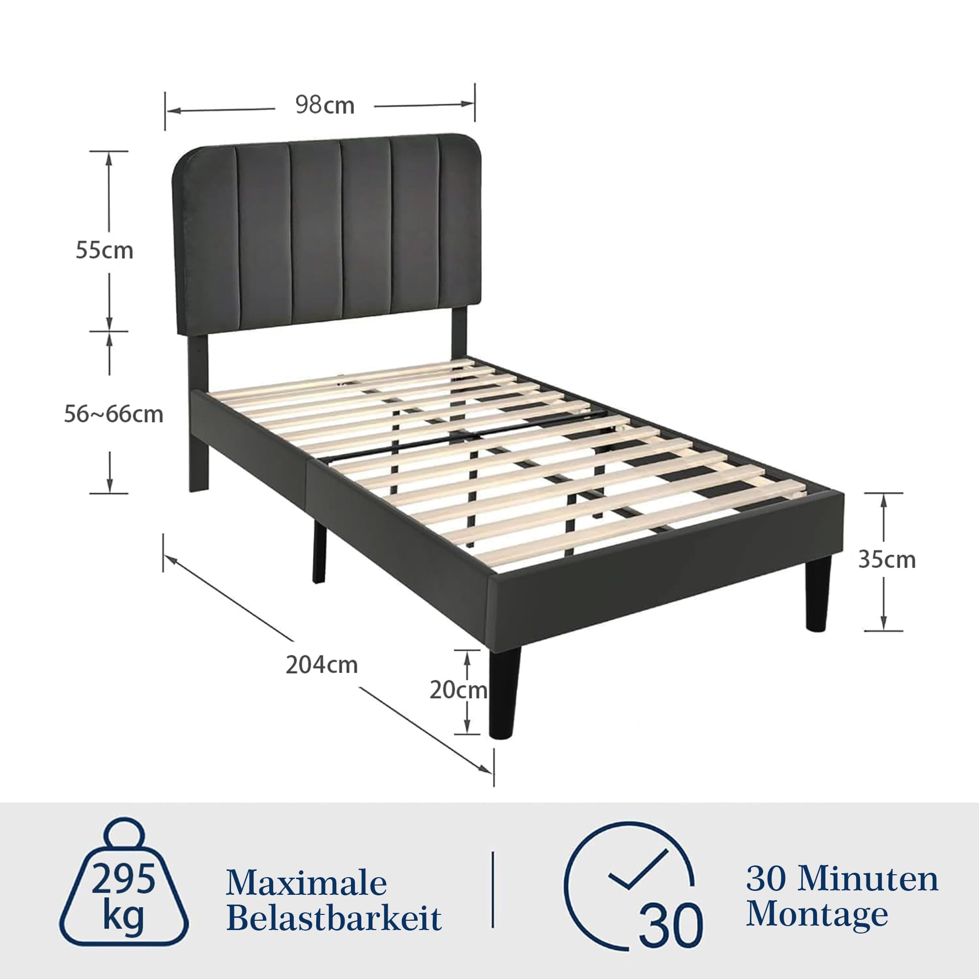 VECELO Polsterbett 90x200 cm mit Lattenrost Rückenlehne, Hautfreundlicher Samtstoff, Bett Einzelbett Jugendbett(Ohne Matratze), Legierter Stahl, Grau