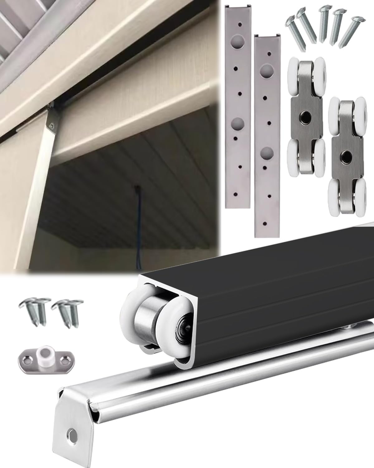 Kit Puerta Corredera Kit de Correderas para Puertas Corredizas de Granero de 60cm 76cm 77cm 120cm 140cm 152cm, Riel de Aluminio para Puertas Corredizas y Juego de Rodillos de Herrajes(Black,140cm/55in