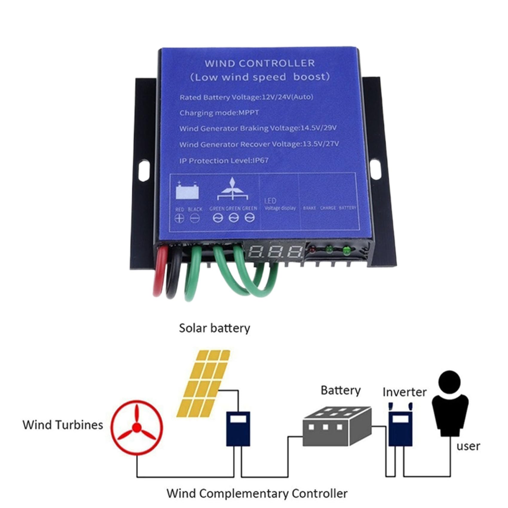 HYZHANHONG MPPT Ladegerät Controller Automatisch 12V / 24V / 48V / 220V 3000W-12000W Windturbinen Generator Controller Wasserdichter Batterieladeregler (Gelb),12v