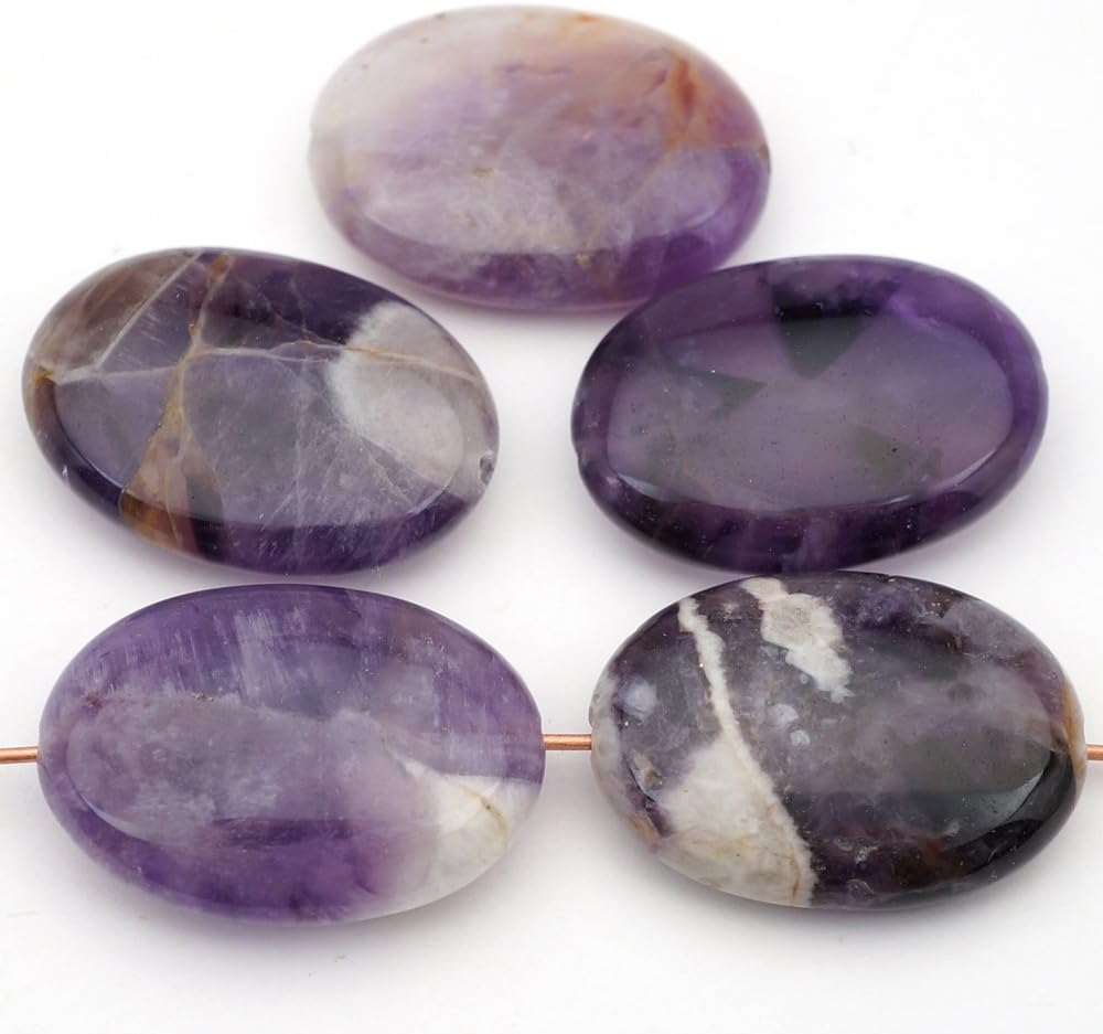 Large Flat Oval Purple and White Dogtooth Amethyst Beads, 25mm, 5 Pcs