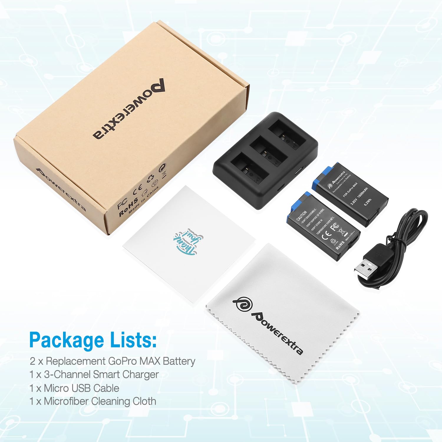 Batteria di ricambio Max e caricatore USB Rapid a 3 canali compatibile con GoPro MAX 360 batteria e GoPro MAX ACDBD-001 ACBAT-001 - Batteria completamente decodificata