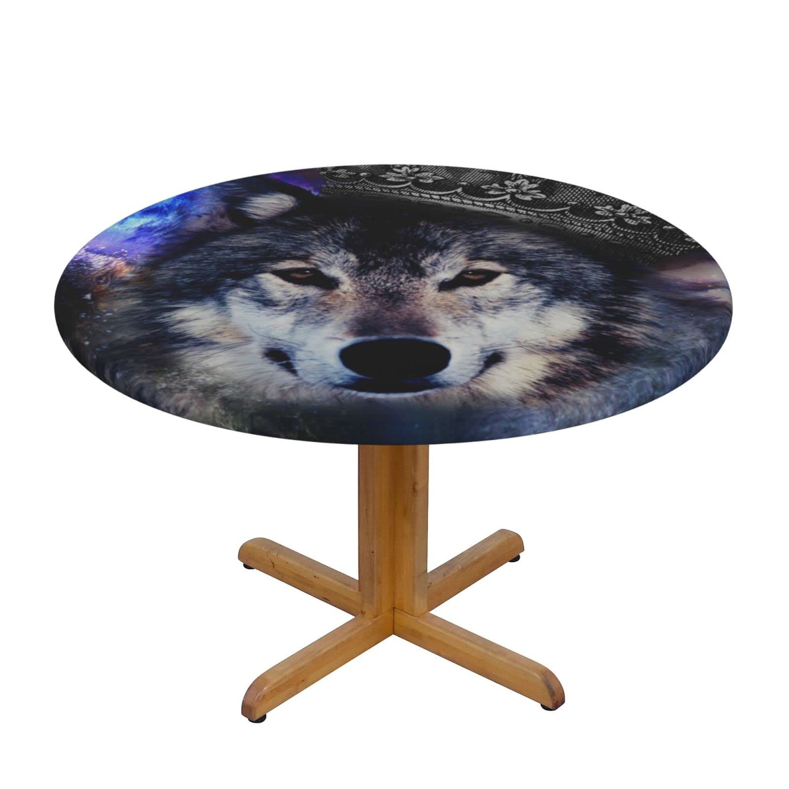 Lsjuee Round Fitted Tablecloth 40-44in Elastic Edged Table Cloth for Kitchen Dining Party Home Decor - Wolf Galaxy Abstract Crown