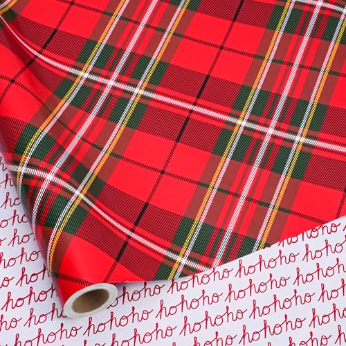 BIOBROWN Reversible Christmas Wrapping Paper - 43cm x 10m - Red Tartan Plaid and HOHO Design Perfect for Xmas Party Gift Wrap