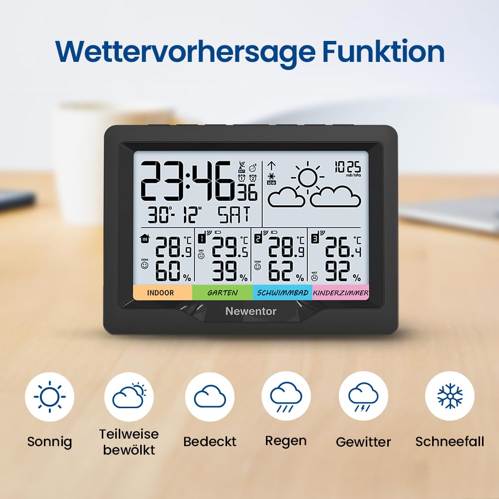Newentor Wetterstation Funk mit 3 Außensensor Innen und Außen Thermometer Hygrometer DCF-Funkuhr Multifunktionale Funkwetterstation mit Wettervorhersage
