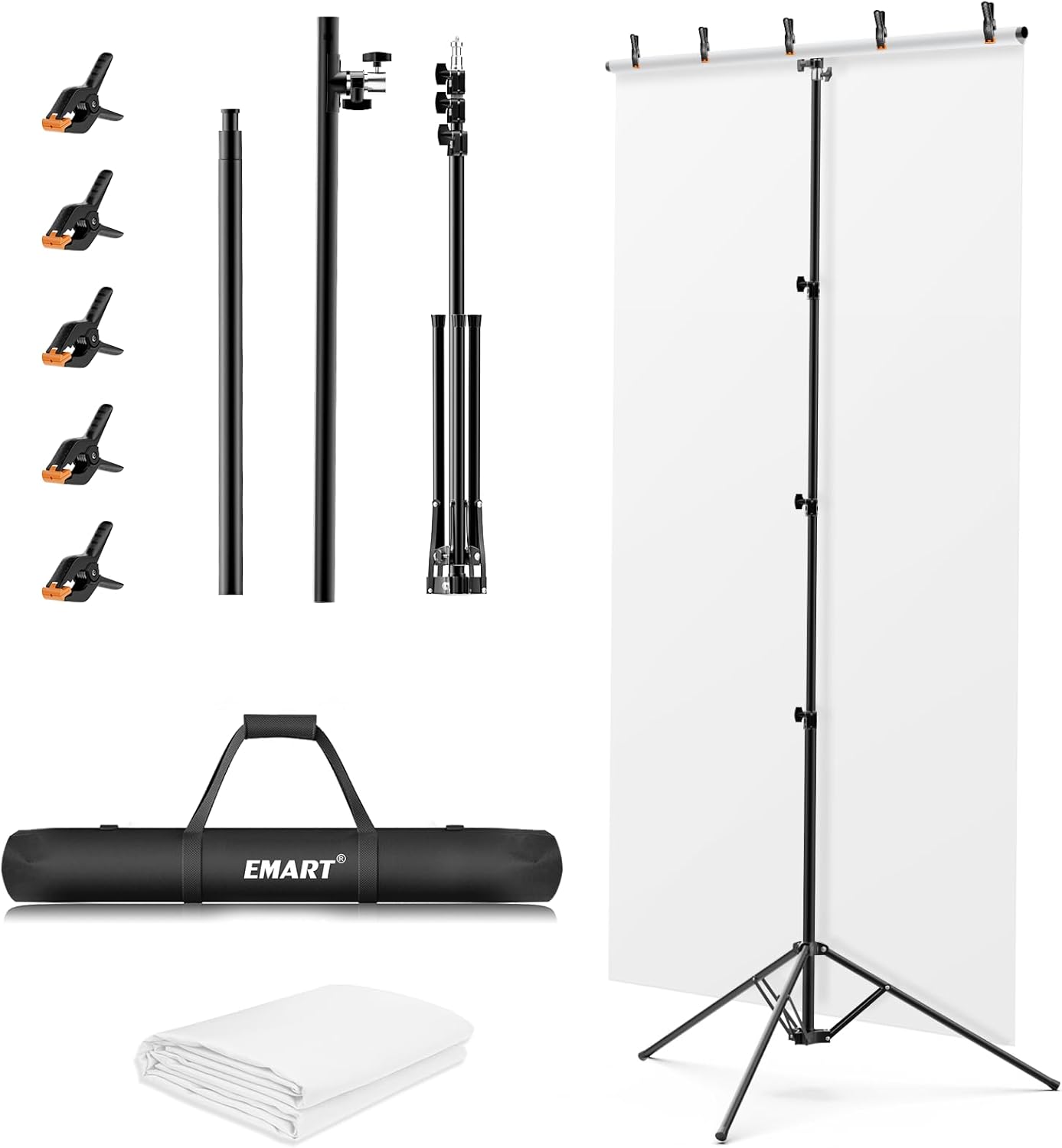 EMART White Photo Backdrop with Stand Kit 10x5ft, Photography White Background Screen with Portable T-Shape Support and 5 Clamps for Video Recording, Meetings, Self Tape