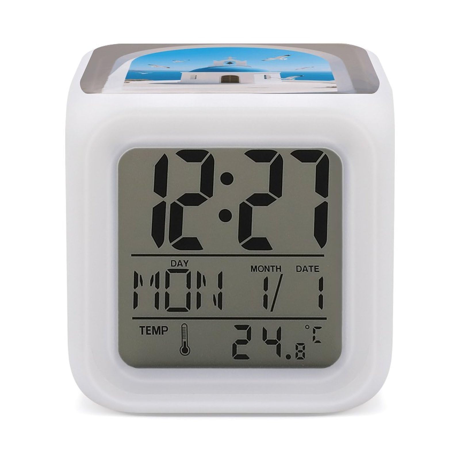 Reloj despertador digital LED Santorini con termómetro y 7 luces de colores