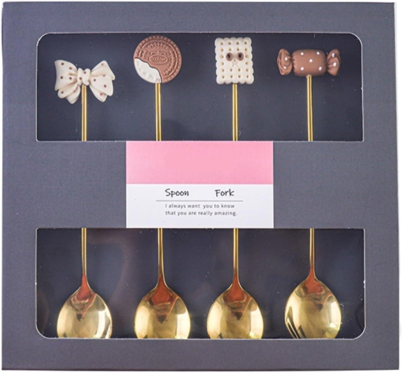 Spoons, Spoons 4-Pack Stainless Steel Dessert Spoon Cute Cartoon Biscuit Home Ice Cream Spoon Stirring Coffee Spoon