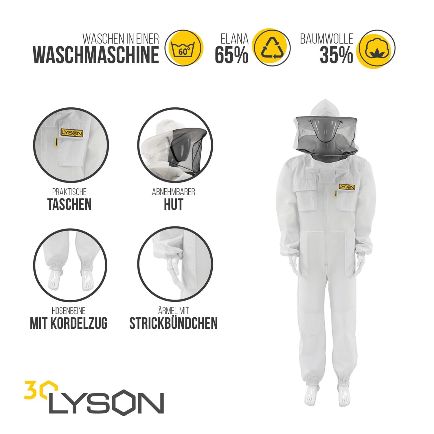LYSON Imkeranzug aus Mesh und Baumwolle Imkeroverall mit abnehmbarem Hut belüftet Imkerbekleidung, Imkerjacke mit Reißverschluss Grösse XXXL