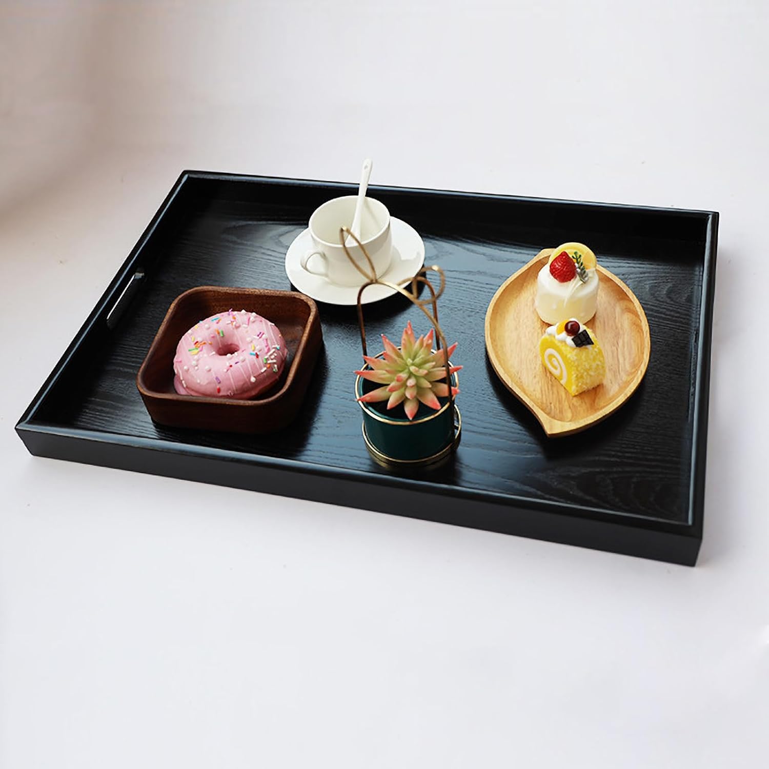 Wooden Serving Tray with Handles, Rectangle Decorative Serving Tray Platter Wood Bed Tray with Raised Edges Snack Tray for Home Kitchen Restaurant Coffee Tea Food Breakfast Dinner Décor(Black) - Image 2